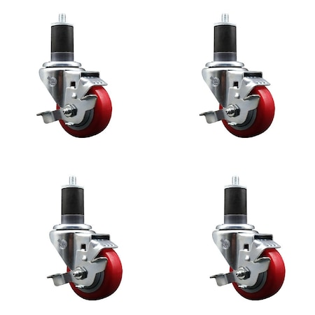 Service Caster 3.5'' Red Poly Swivel 1-5/8'' Expanding Stem Caster Set with Brake, 4PK SCC-EX20S3514-PPUB-RED-TLB-158-4